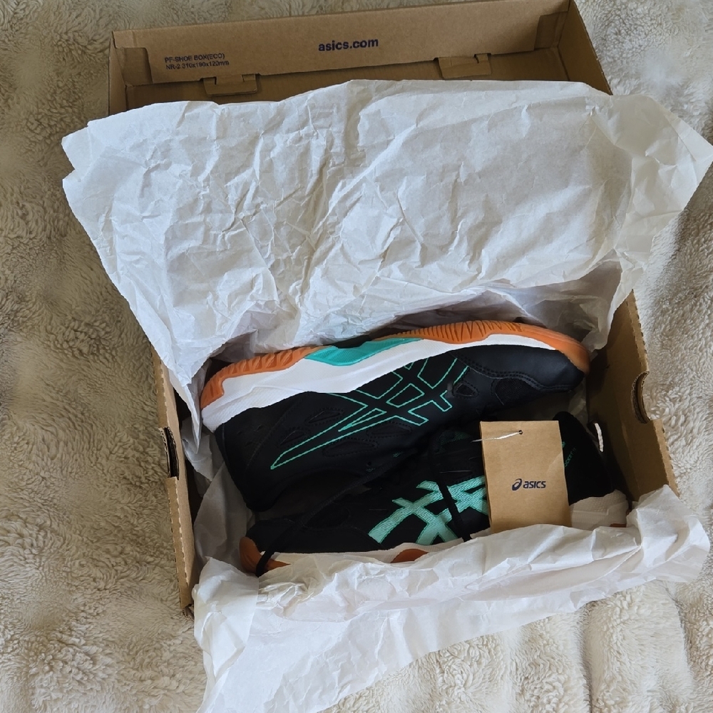 ASICS Black and Turquoise Volleyball Shoes with Orange Highlights